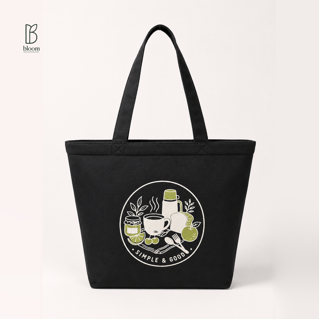 Bloom Picnic insulated lunch tote in black canvas - front view