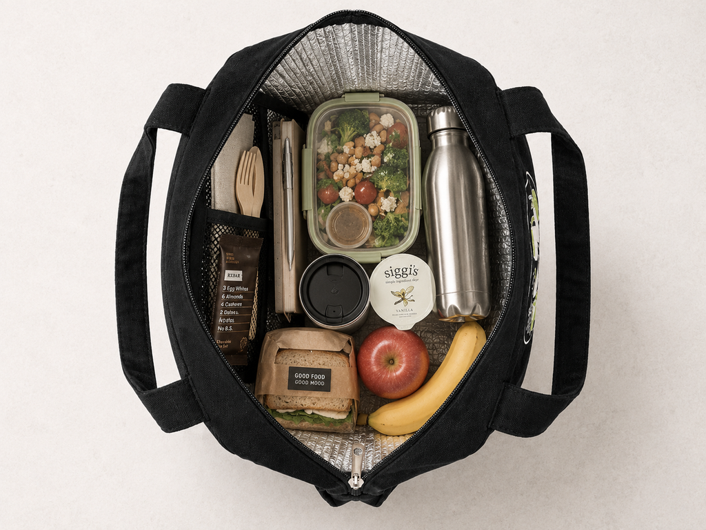 Bloom Picnic lunch tote interior packed with a full lunch and bottle