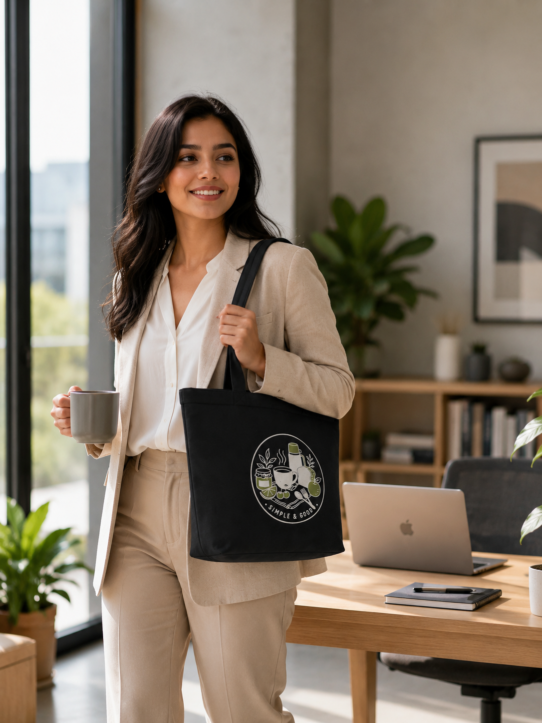 Woman carrying the Bloom Picnic lunch tote at the office