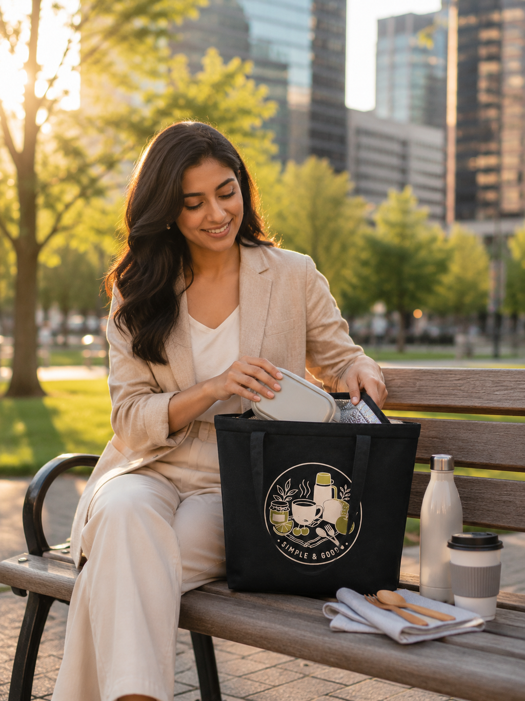 Bloom Picnic lunch tote on a park bench for an outdoor lunch