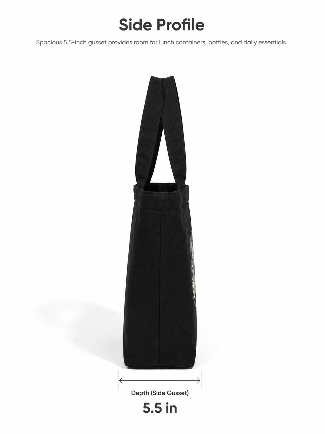 Bloom Picnic lunch tote side profile showing depth and gusset
