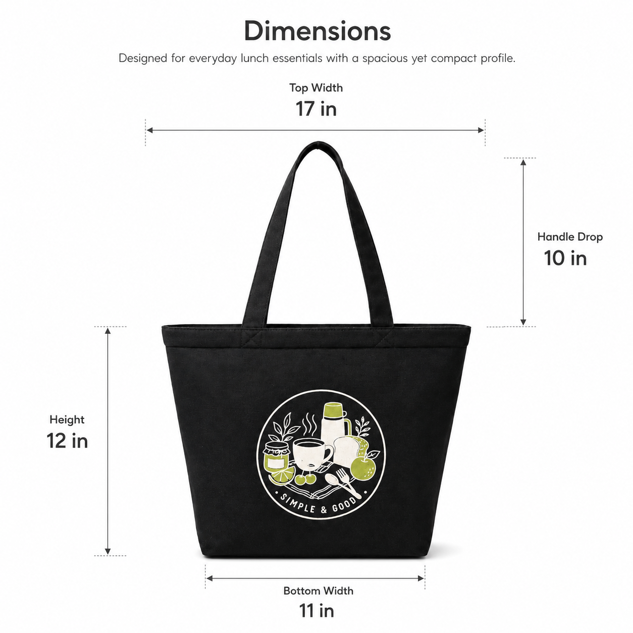 Bloom Picnic lunch tote size chart and dimensions