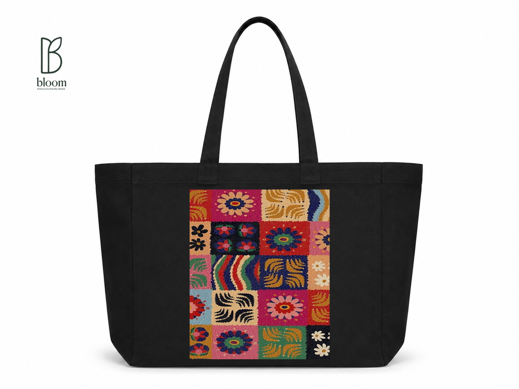 Boho Embroidery canvas tote bag - Extended Black | Bloom Bags BD