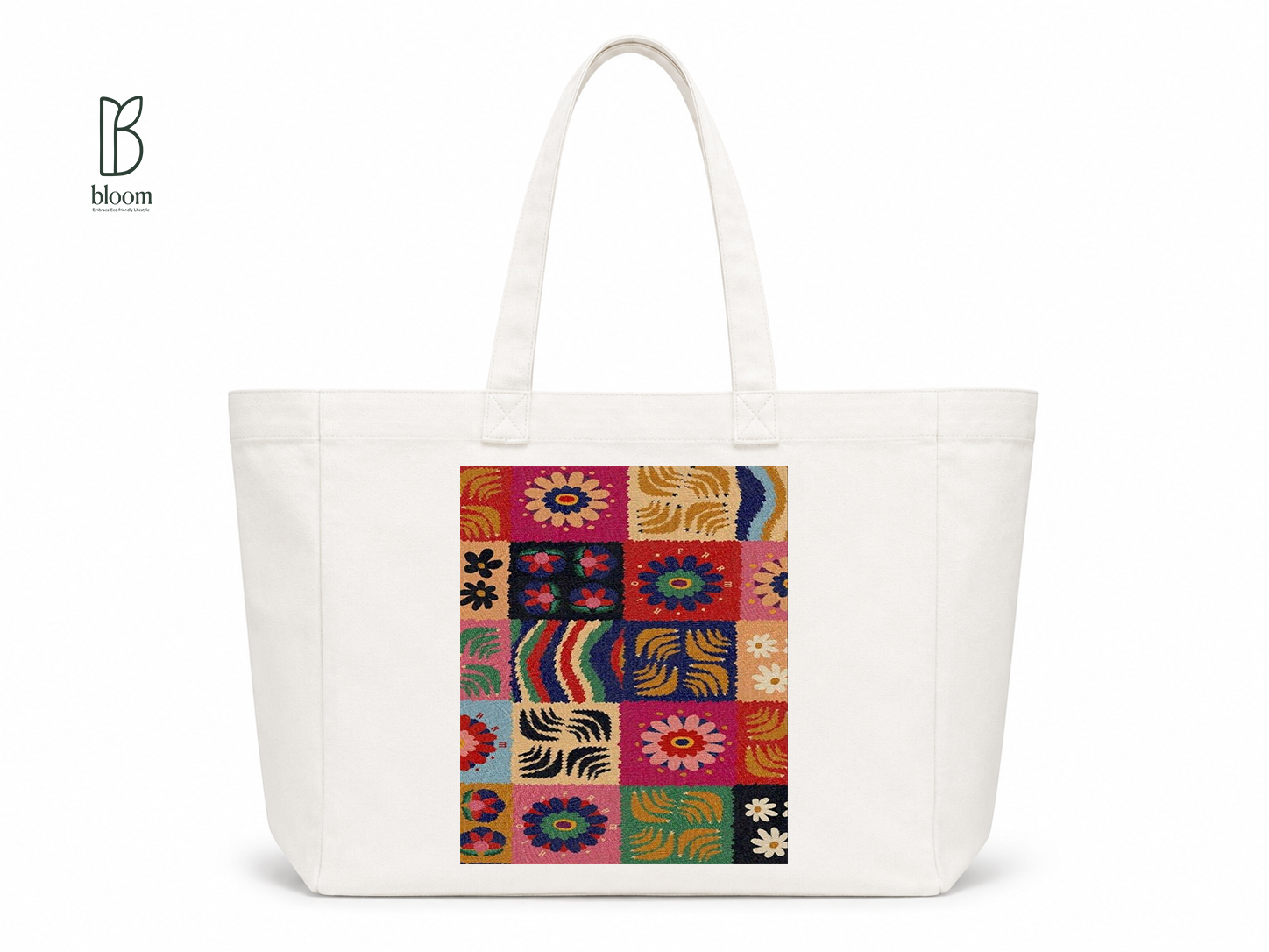 Boho Embroidery canvas tote bag - Extended White | Bloom Bags BD