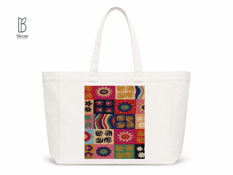 Boho Embroidery canvas tote bag - Extended White | Bloom Bags BD