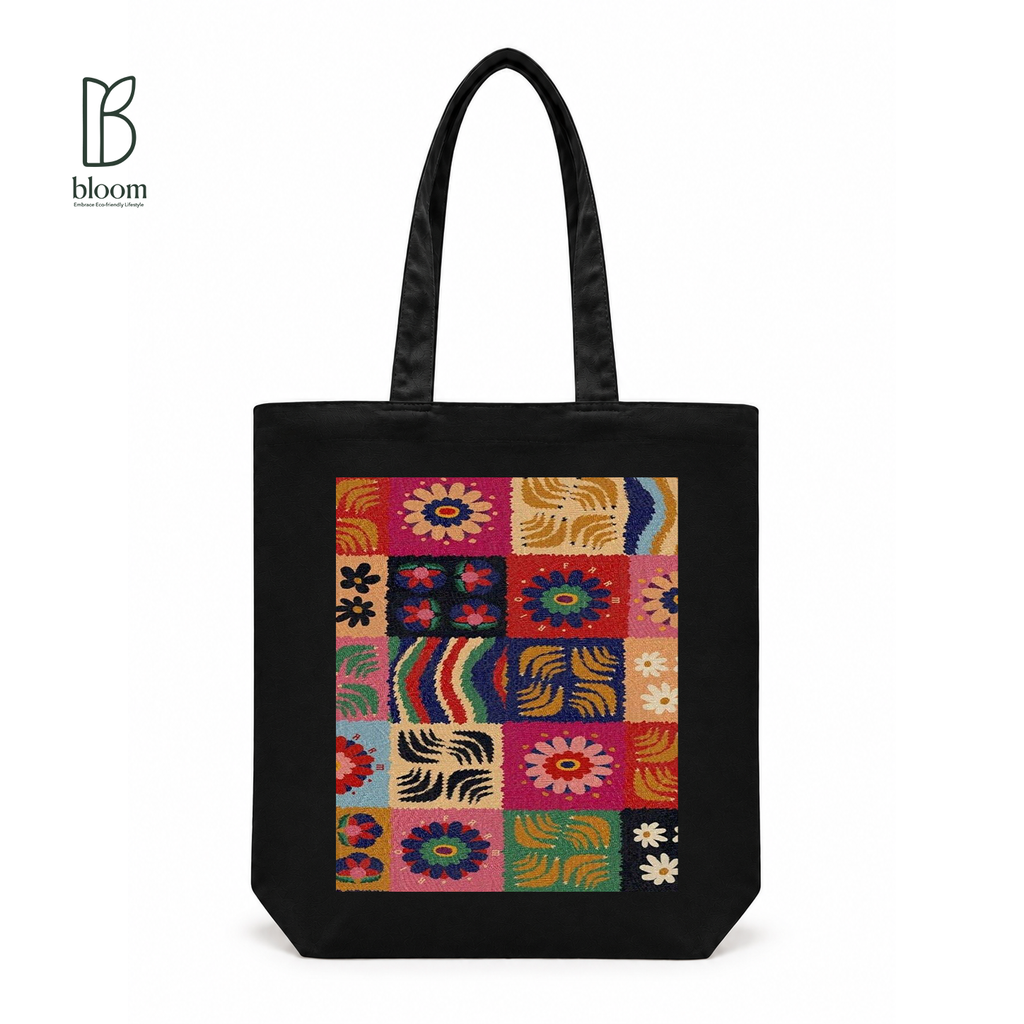 Boho Embroidery canvas tote bag - Regular Black | Bloom Bags BD