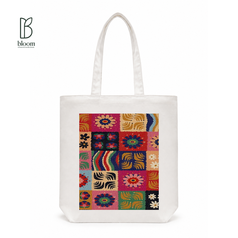 Boho Embroidery canvas tote bag - Regular White | Bloom Bags BD