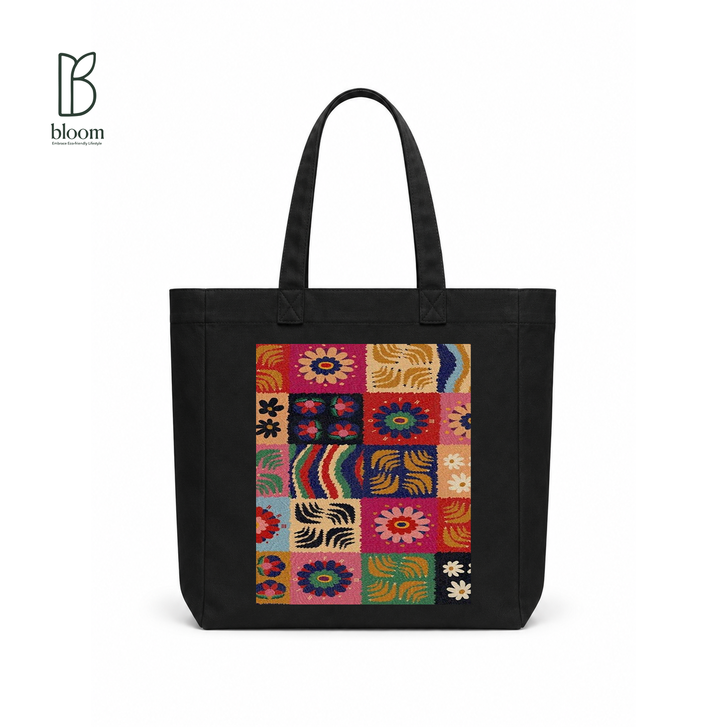 Boho Embroidery canvas tote bag - Square Black | Bloom Bags BD