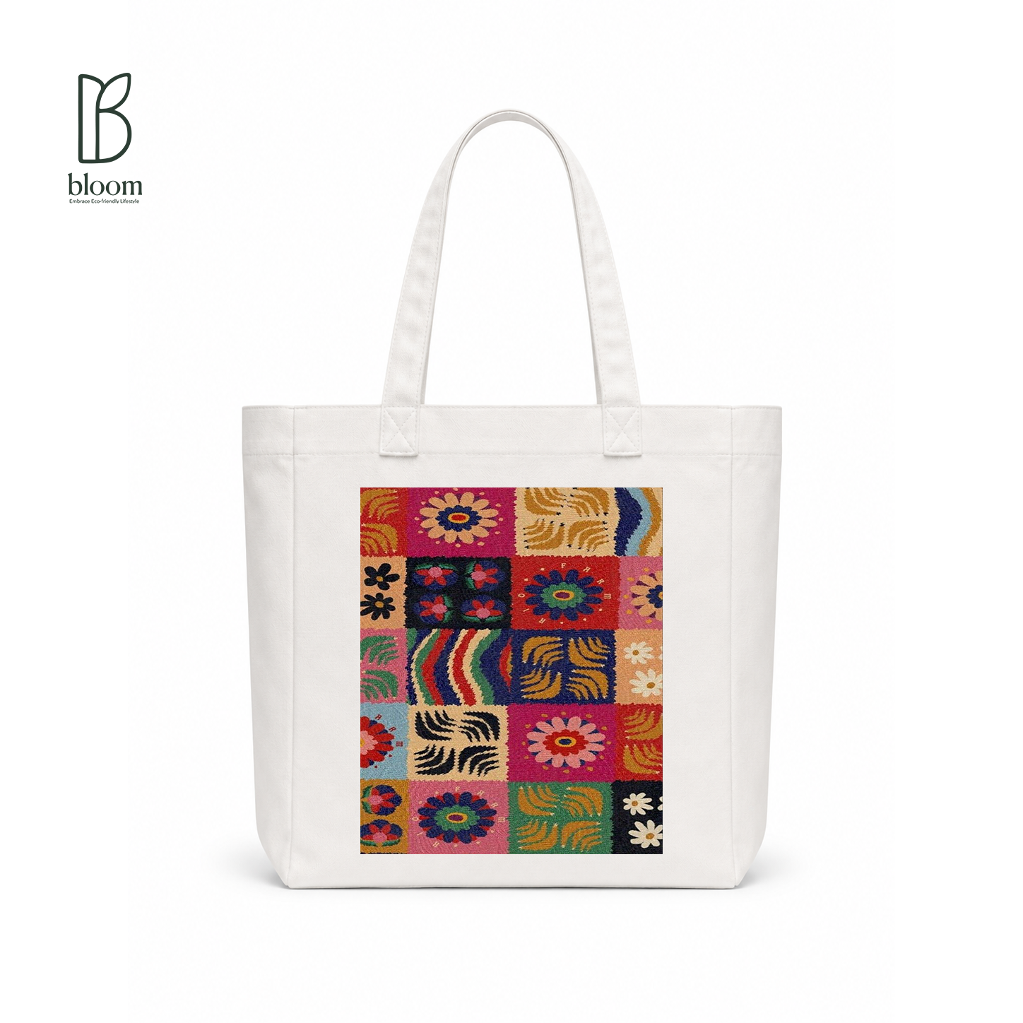 Boho Embroidery canvas tote bag - Square White | Bloom Bags BD