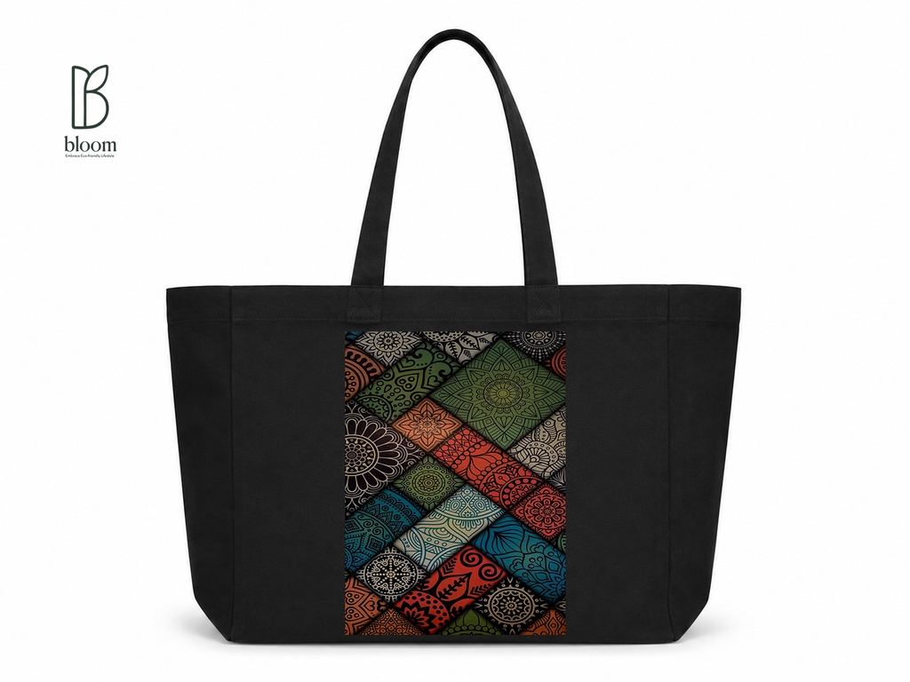 Boho Mandala canvas tote bag - Extended Black | Bloom Bags BD