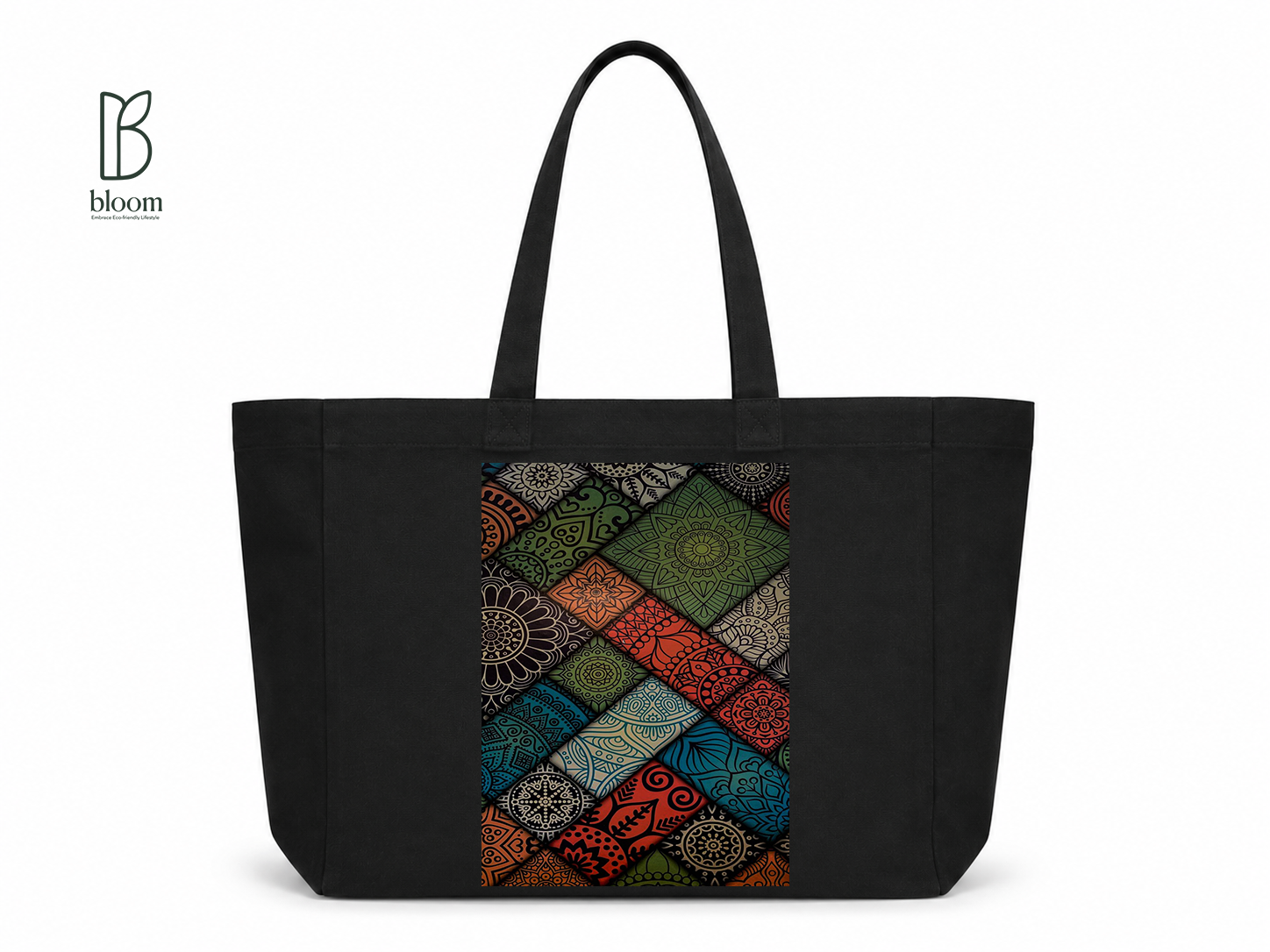 Boho Mandala canvas tote bag - Extended Black | Bloom Bags BD