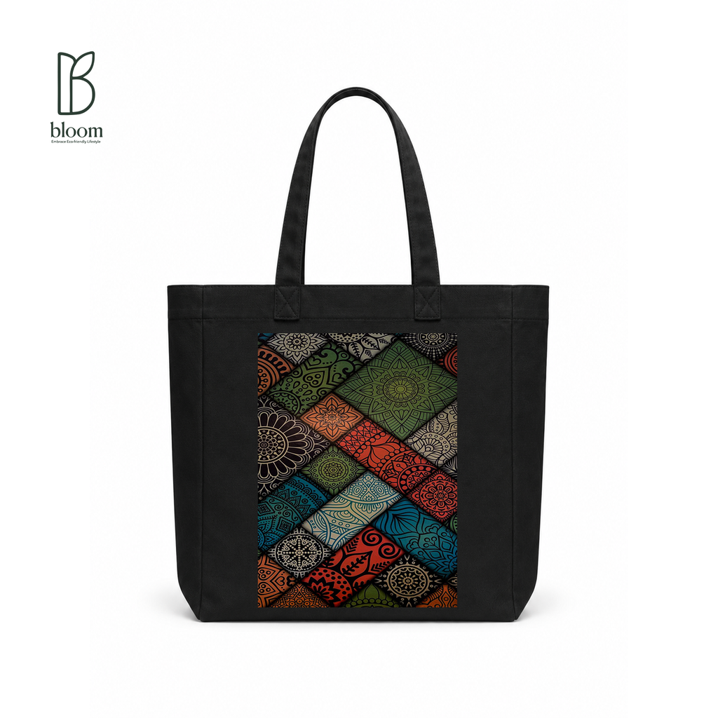 Boho Mandala canvas tote bag - Square Black | Bloom Bags BD