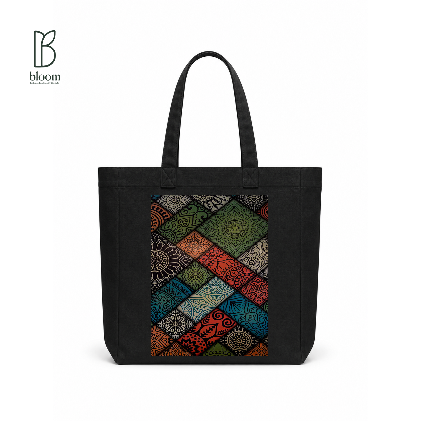 Boho Mandala canvas tote bag - Square Black | Bloom Bags BD