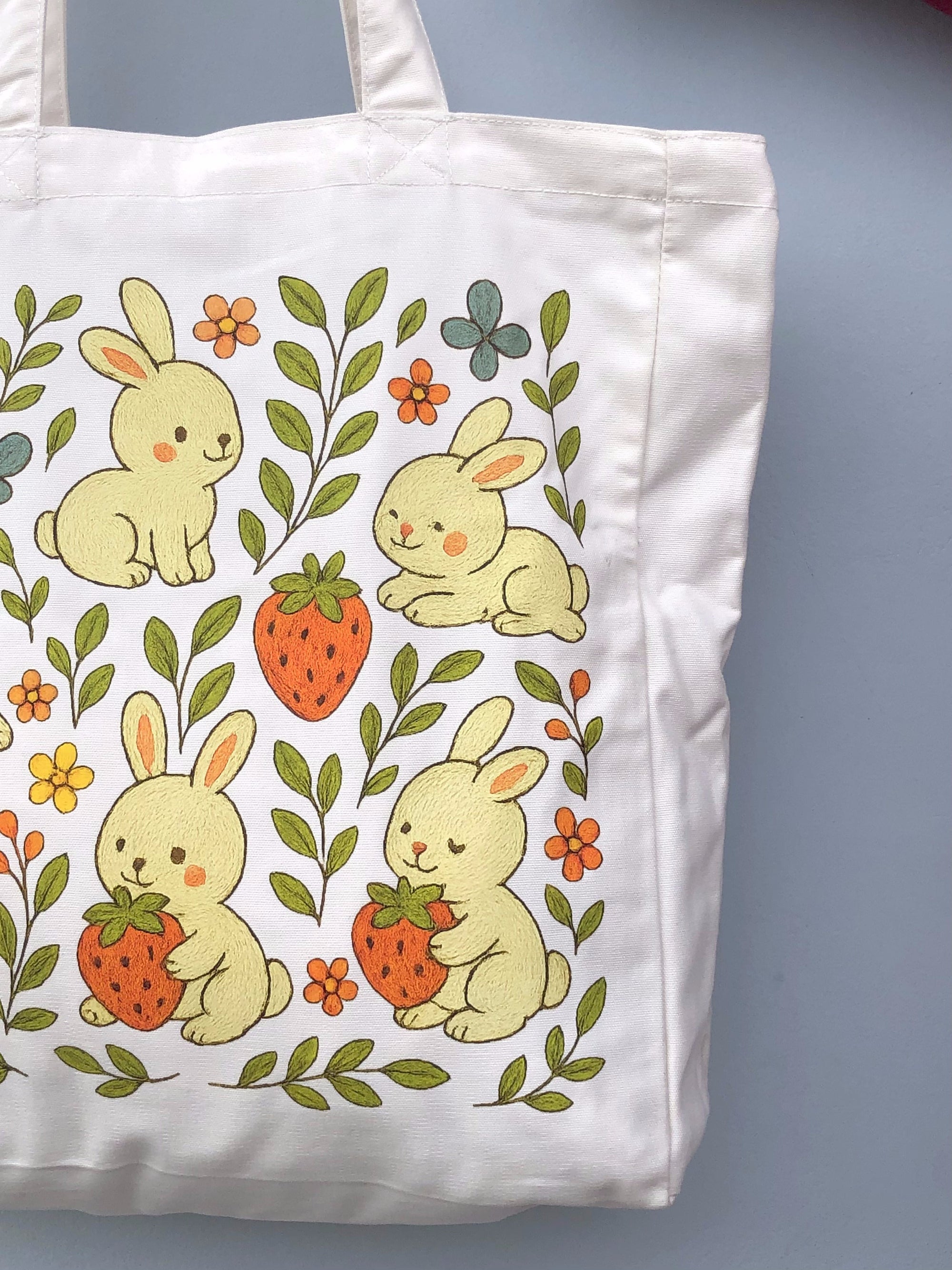 Bunny & Strawberry Meadow canvas tote bag - lifestyle photo | Bloom Bags BD