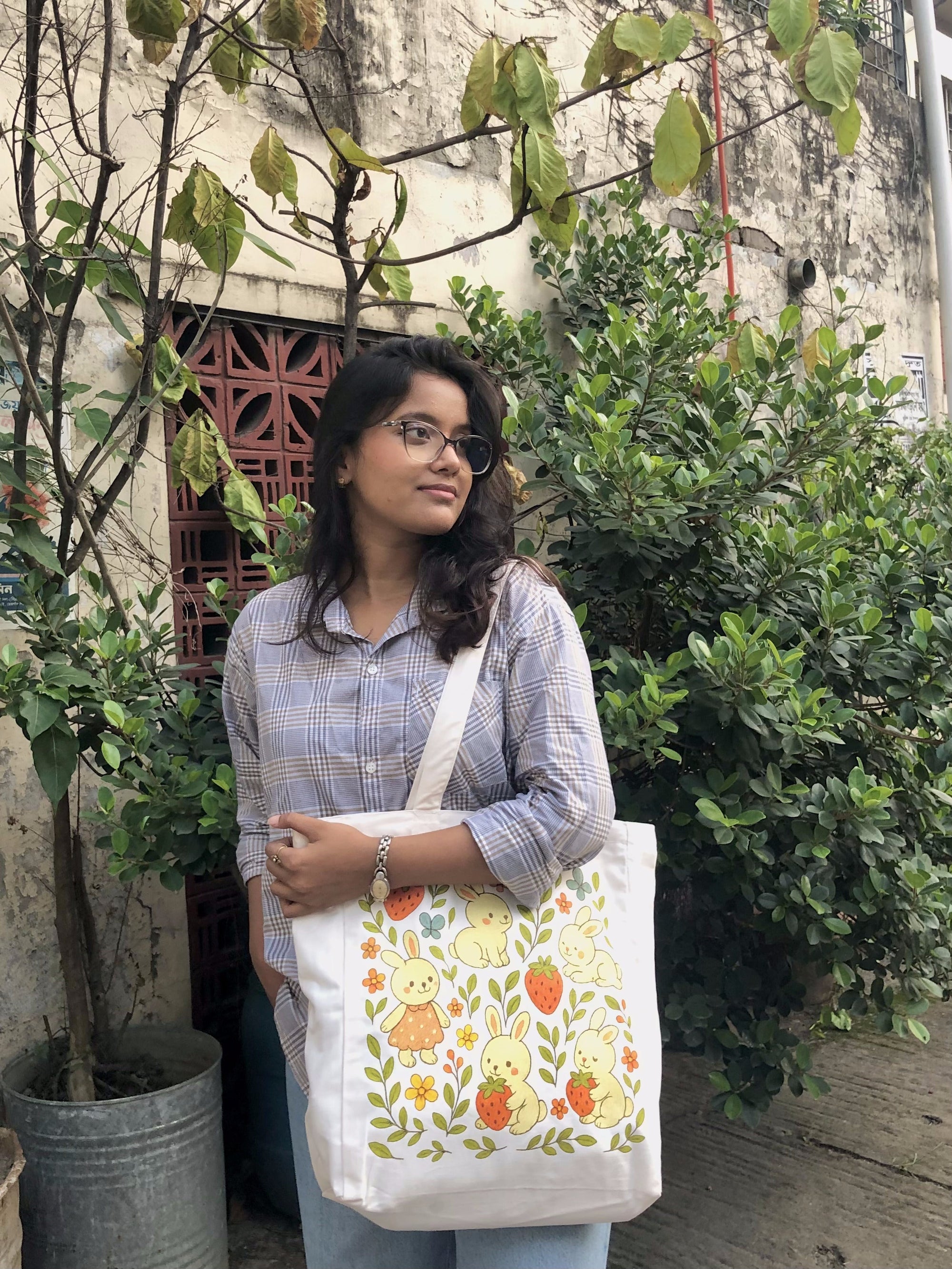 Bunny & Strawberry Meadow canvas tote bag - lifestyle photo | Bloom Bags BD