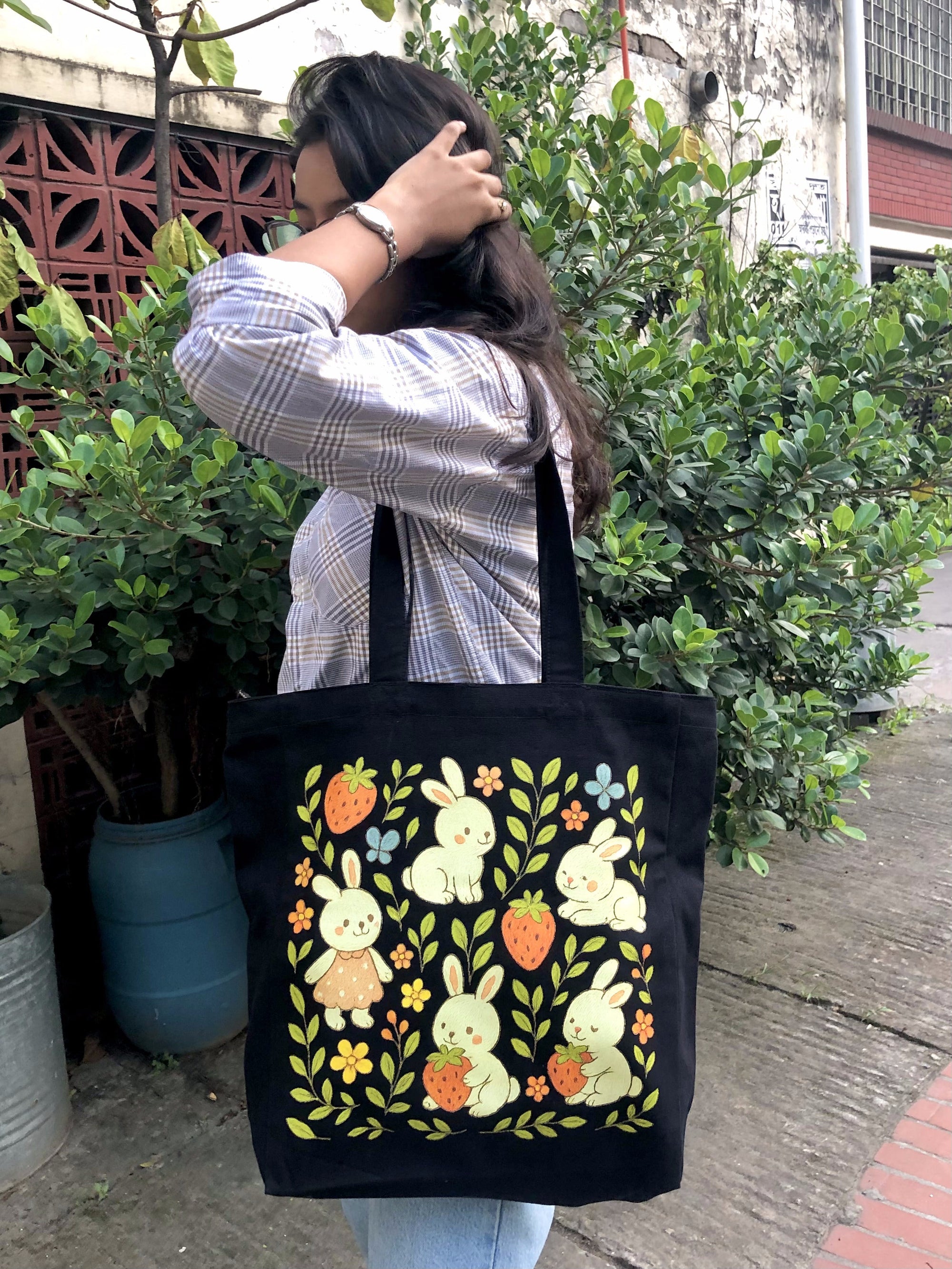 Bunny & Strawberry Meadow canvas tote bag - lifestyle photo | Bloom Bags BD