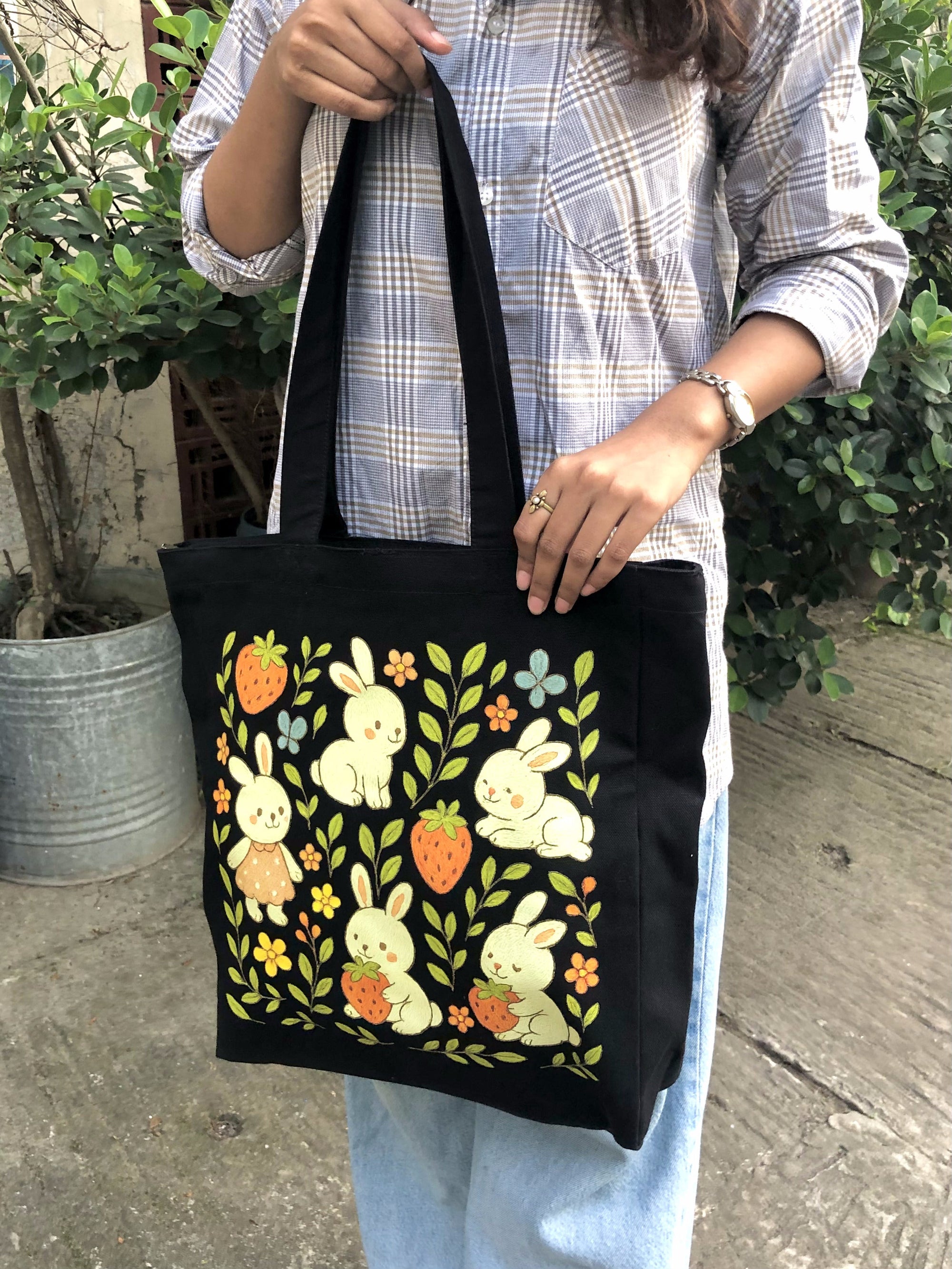 Bunny & Strawberry Meadow canvas tote bag - lifestyle photo | Bloom Bags BD
