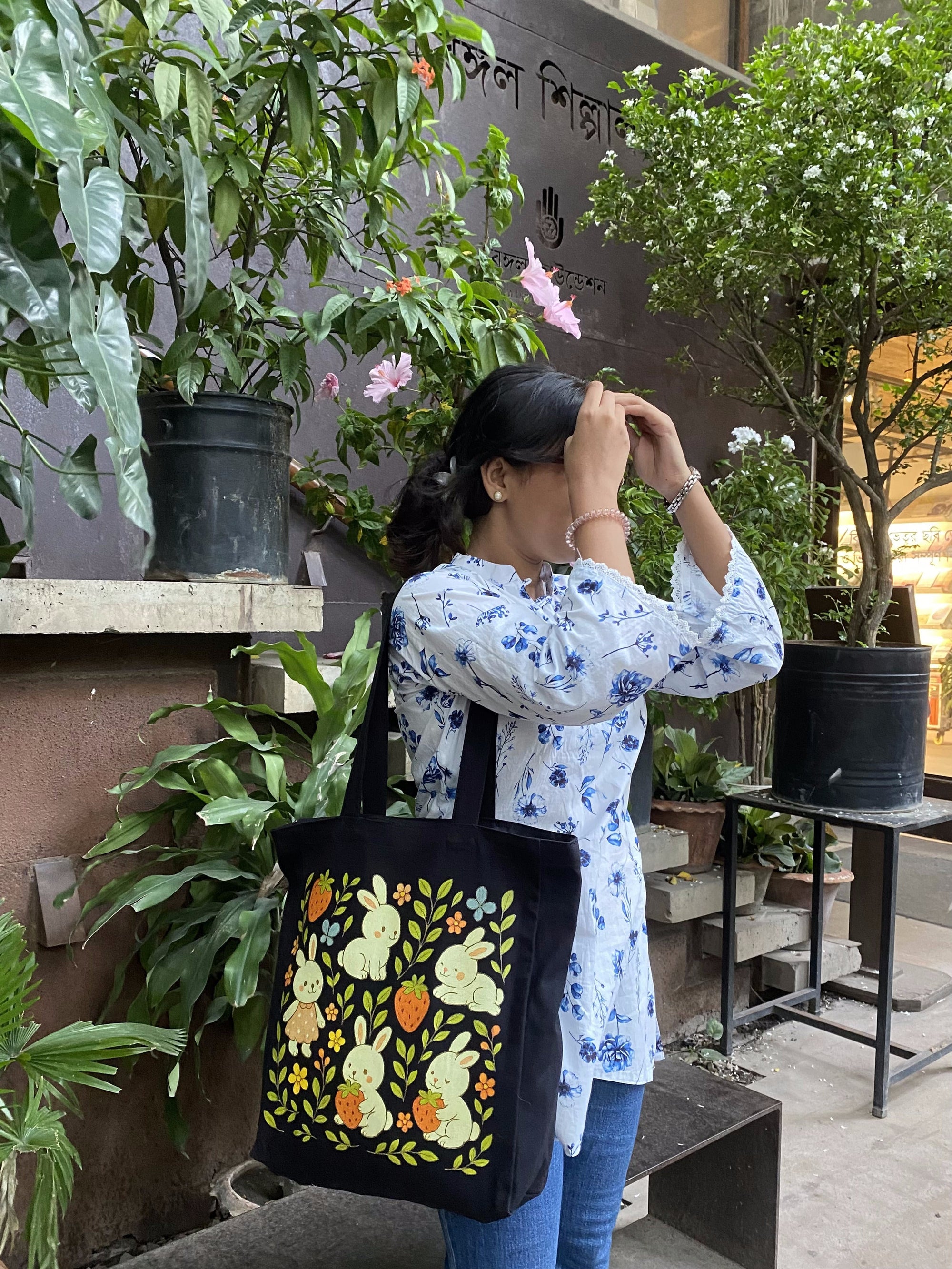 Bunny & Strawberry Meadow canvas tote bag - lifestyle photo | Bloom Bags BD