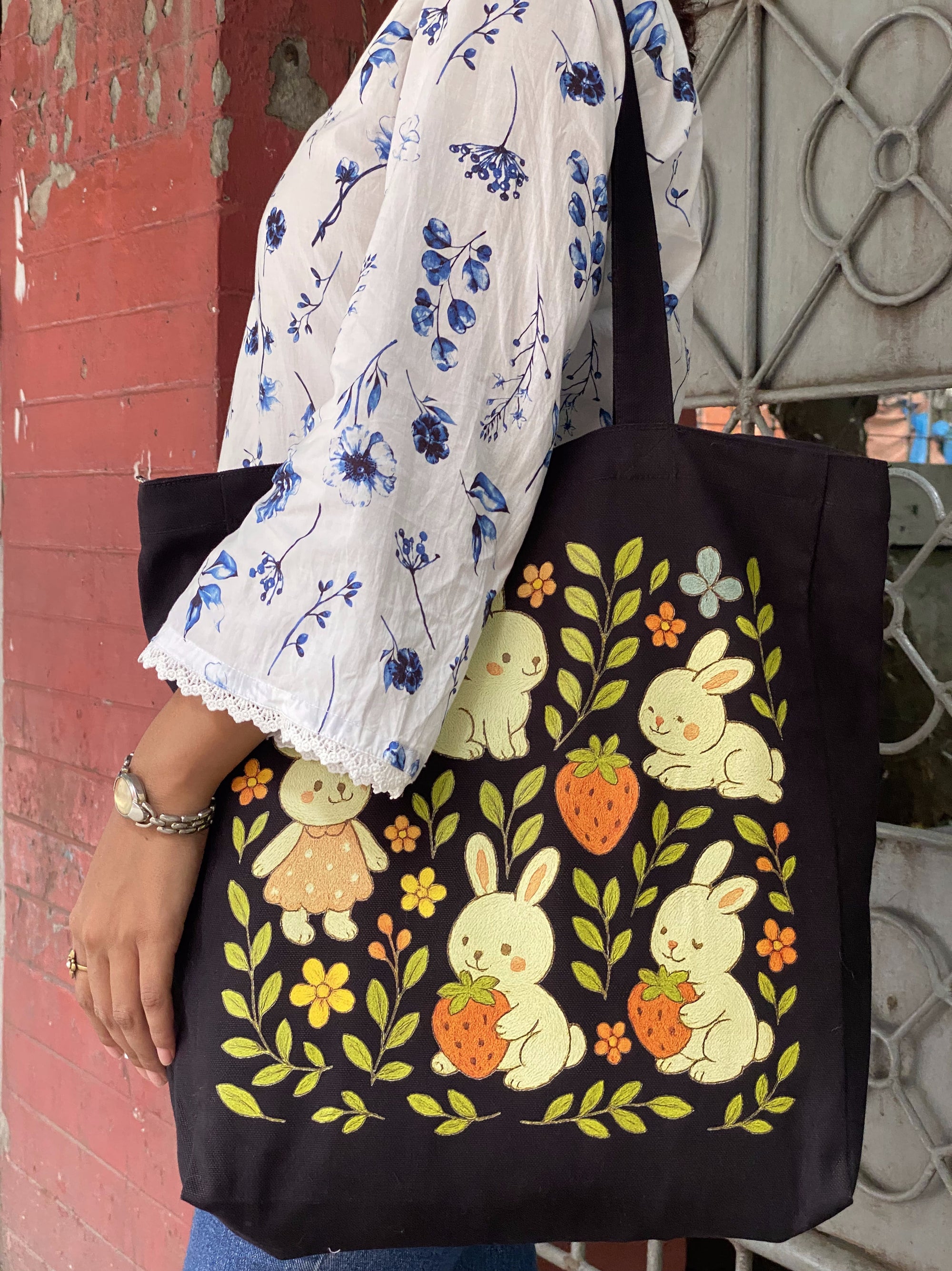 Bunny & Strawberry Meadow canvas tote bag - lifestyle photo | Bloom Bags BD