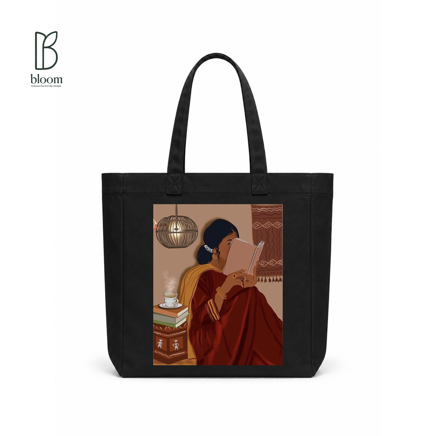 Chai and Chapters canvas tote bag - Square Black | Bloom Bags BD