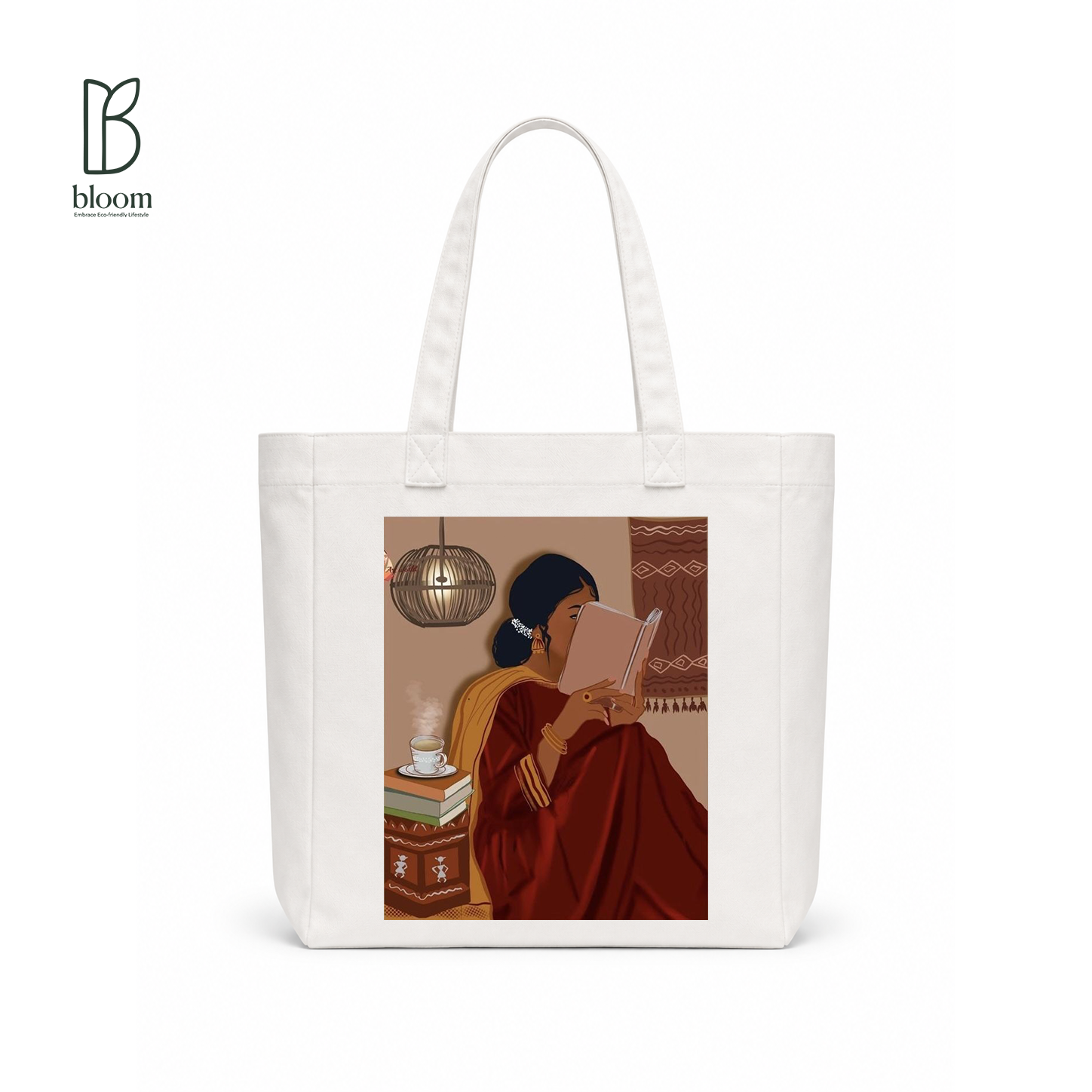Chai and Chapters canvas tote bag - Square White | Bloom Bags BD