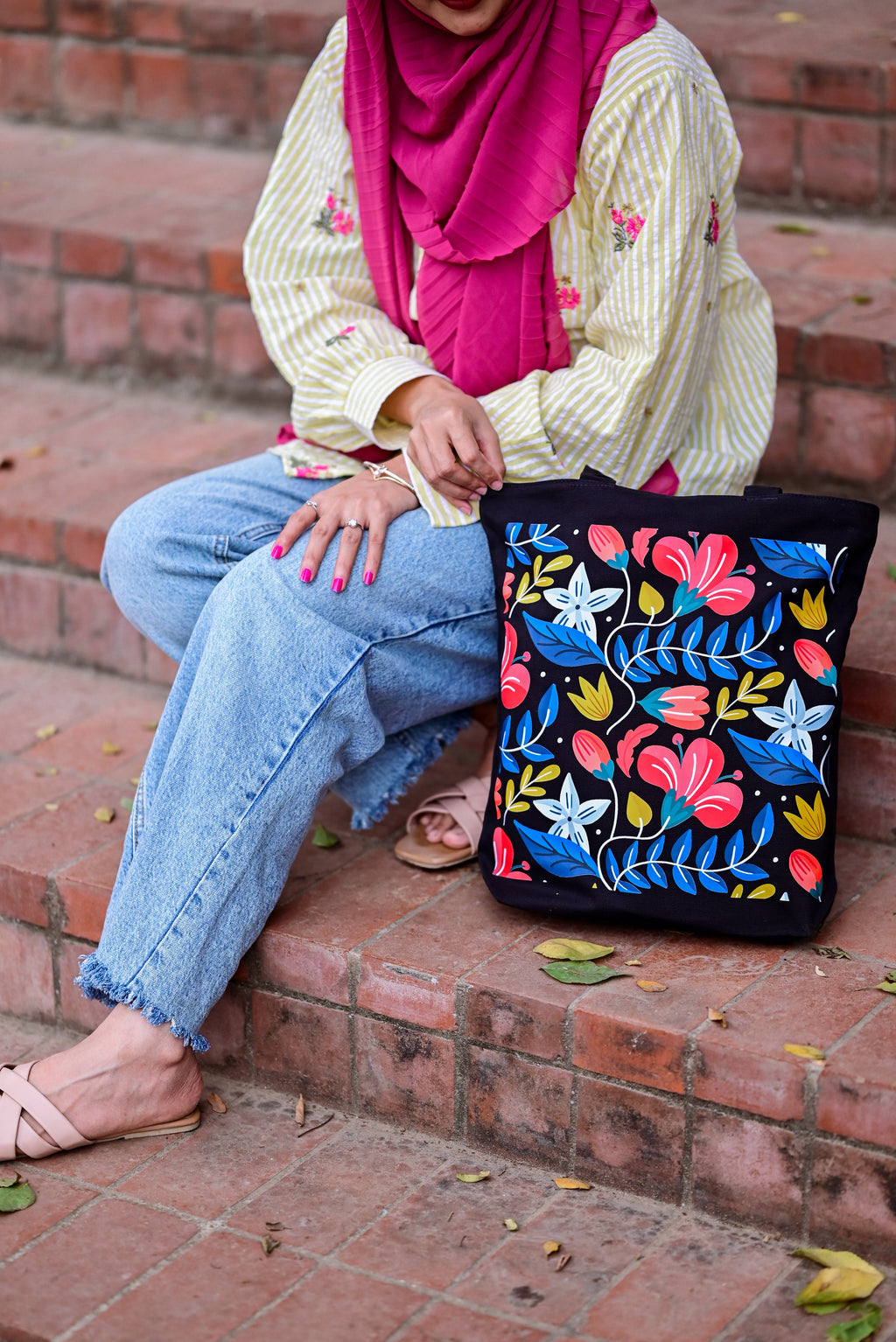 Coral Garden Bloom canvas tote bag - lifestyle photo | Bloom Bags BD
