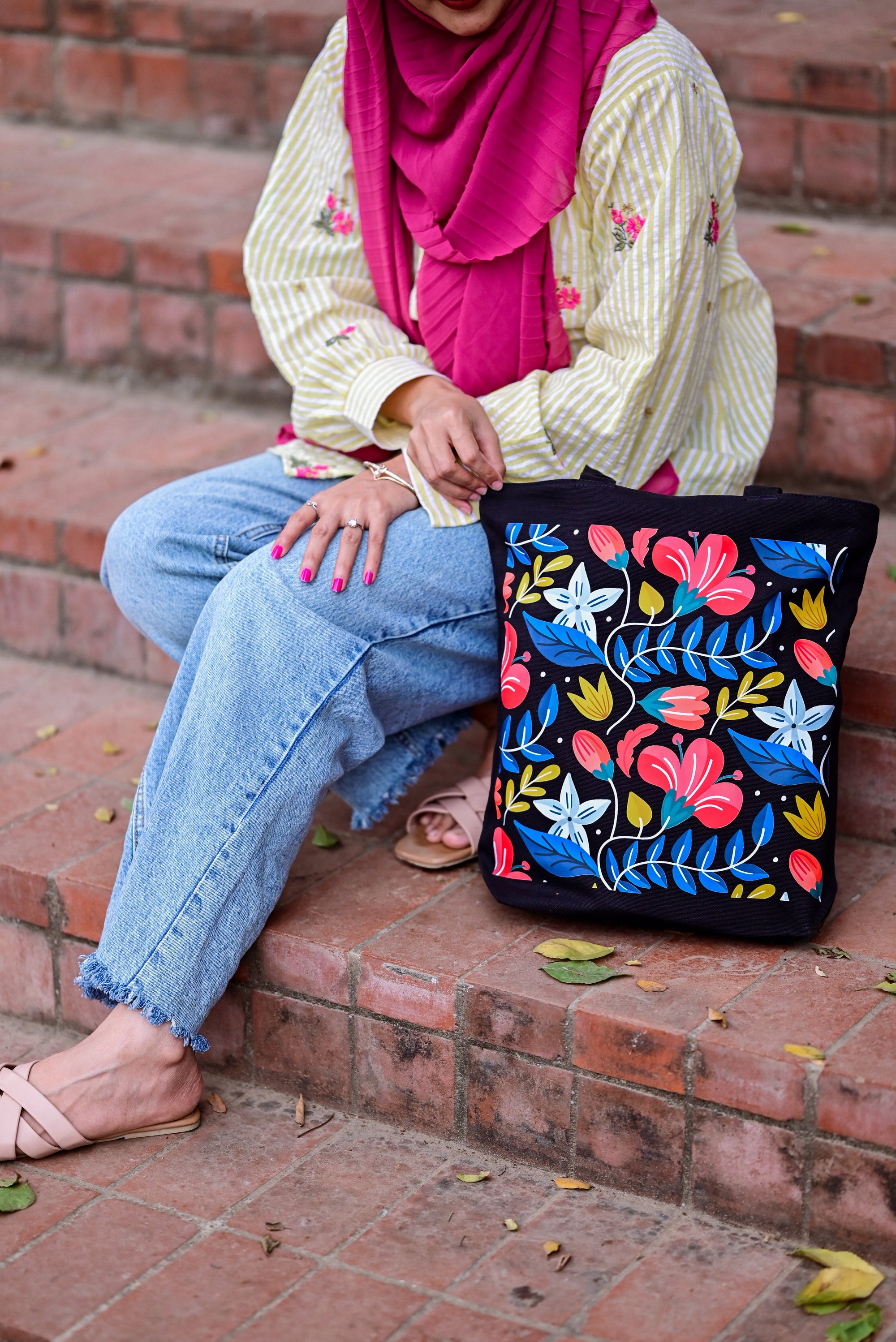 Coral Garden Bloom canvas tote bag - lifestyle photo | Bloom Bags BD