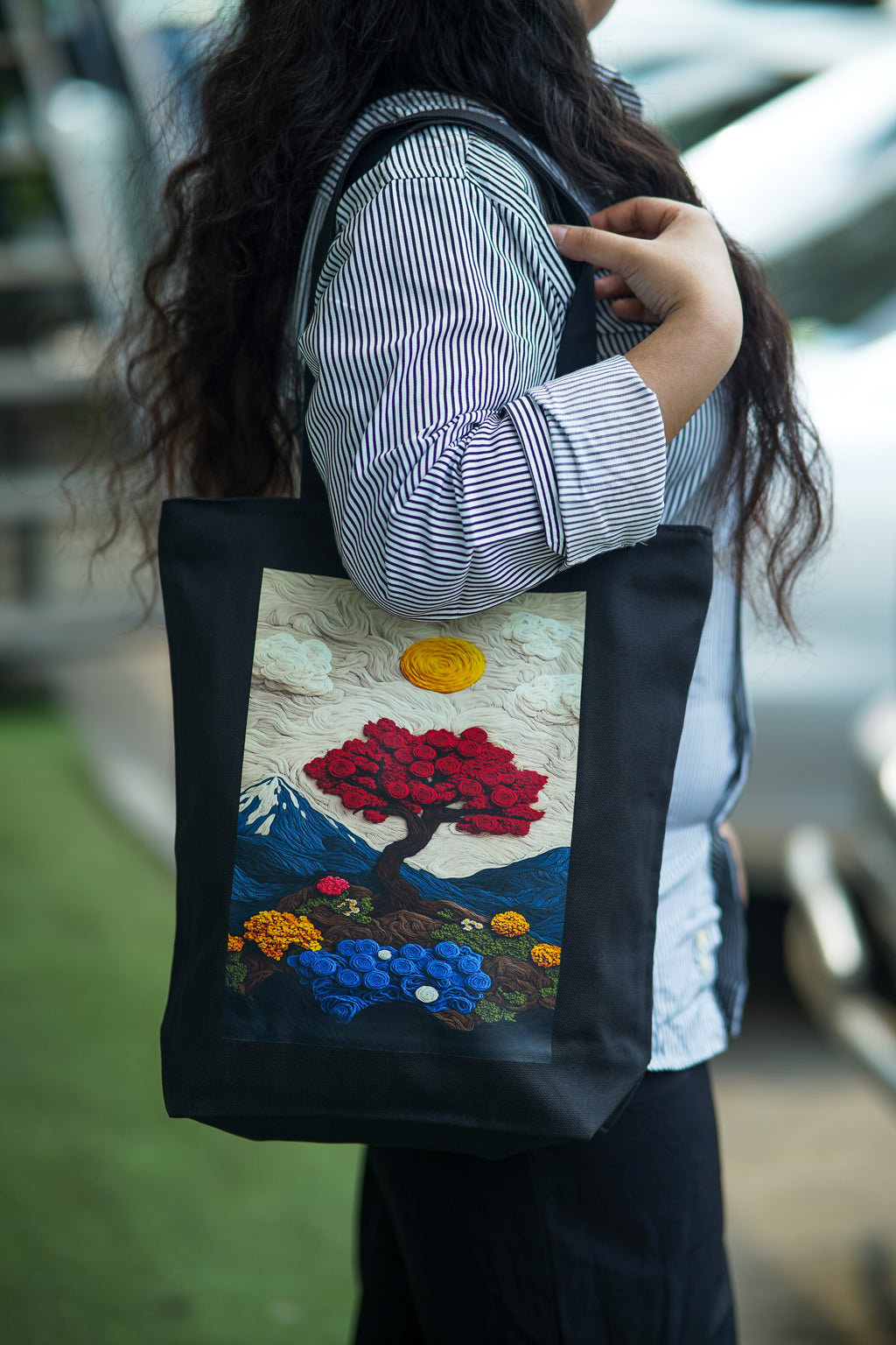 Crimson Bonsai canvas tote bag - lifestyle photo | Bloom Bags BD