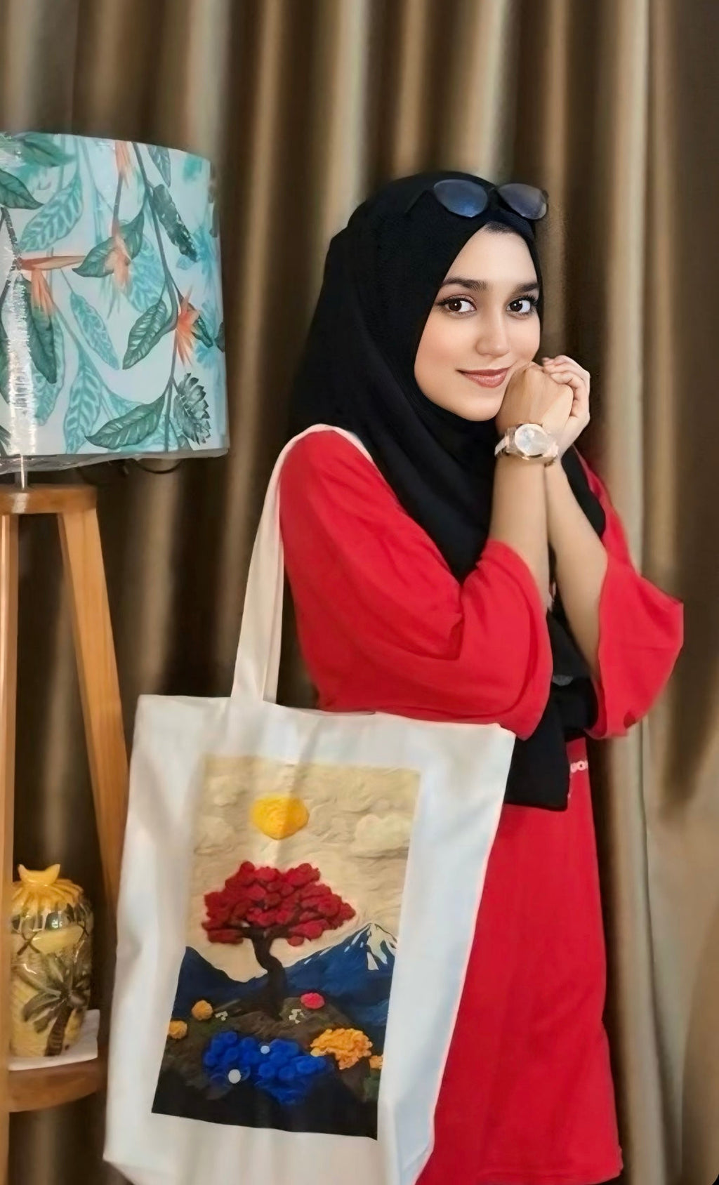 Crimson Bonsai canvas tote bag - lifestyle photo | Bloom Bags BD