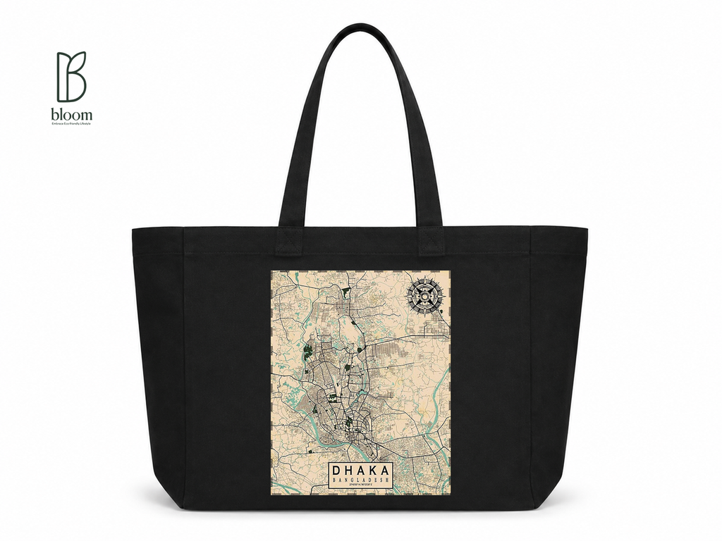 Dhaka on the Map canvas tote bag - Extended Black | Bloom Bags BD