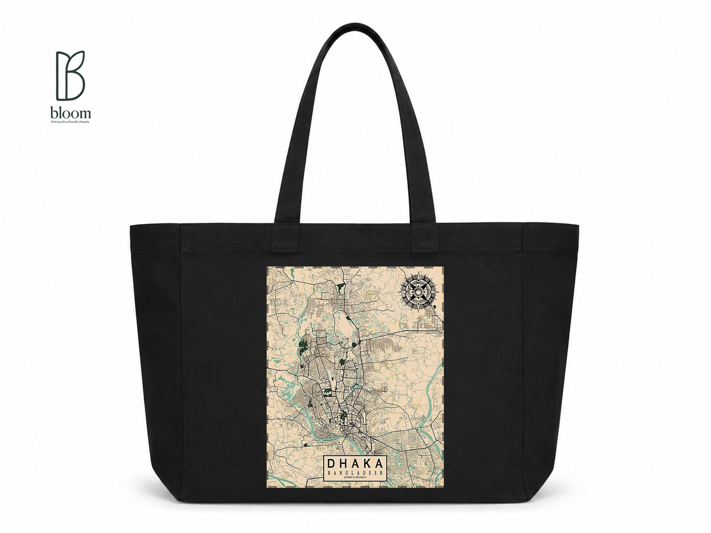 Dhaka on the Map canvas tote bag - Extended Black | Bloom Bags BD