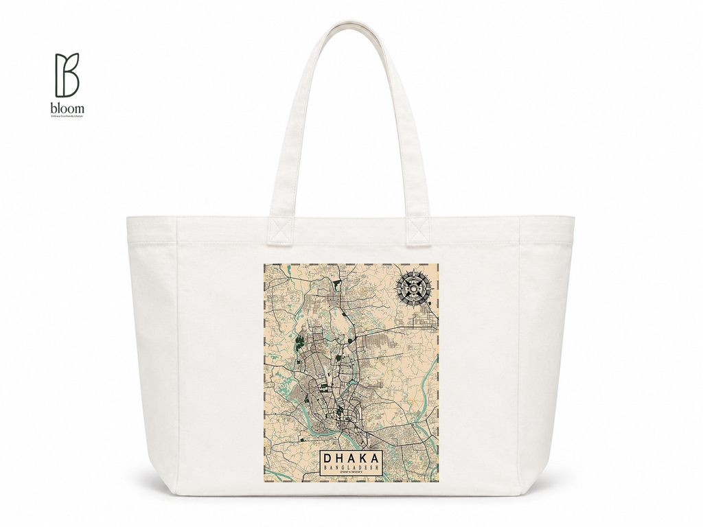 Dhaka on the Map canvas tote bag - Extended White | Bloom Bags BD