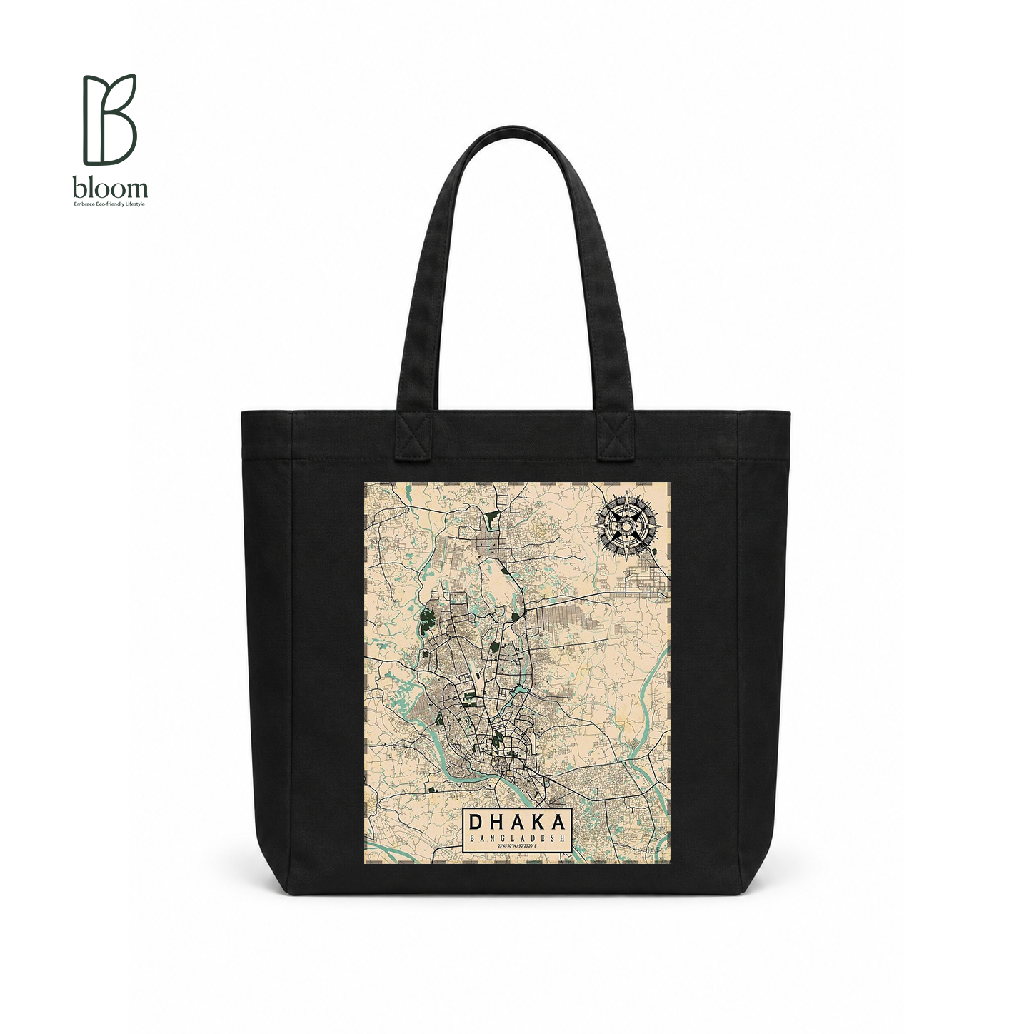 Dhaka on the Map canvas tote bag - Square Black | Bloom Bags BD