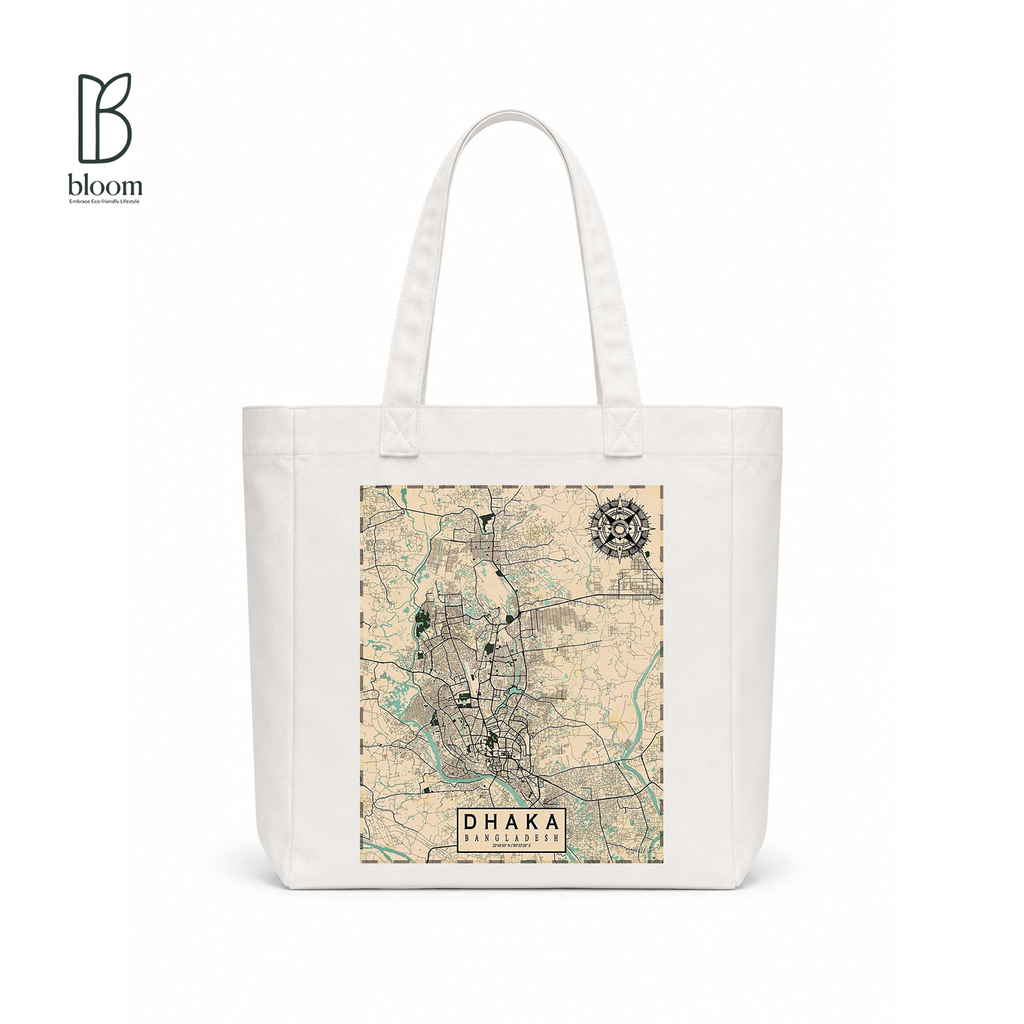 Dhaka on the Map canvas tote bag - Square White | Bloom Bags BD