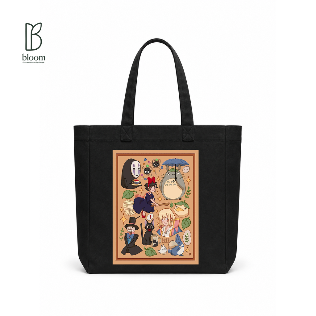 Ghibli Reverie canvas tote bag - Square Black | Bloom Bags BD