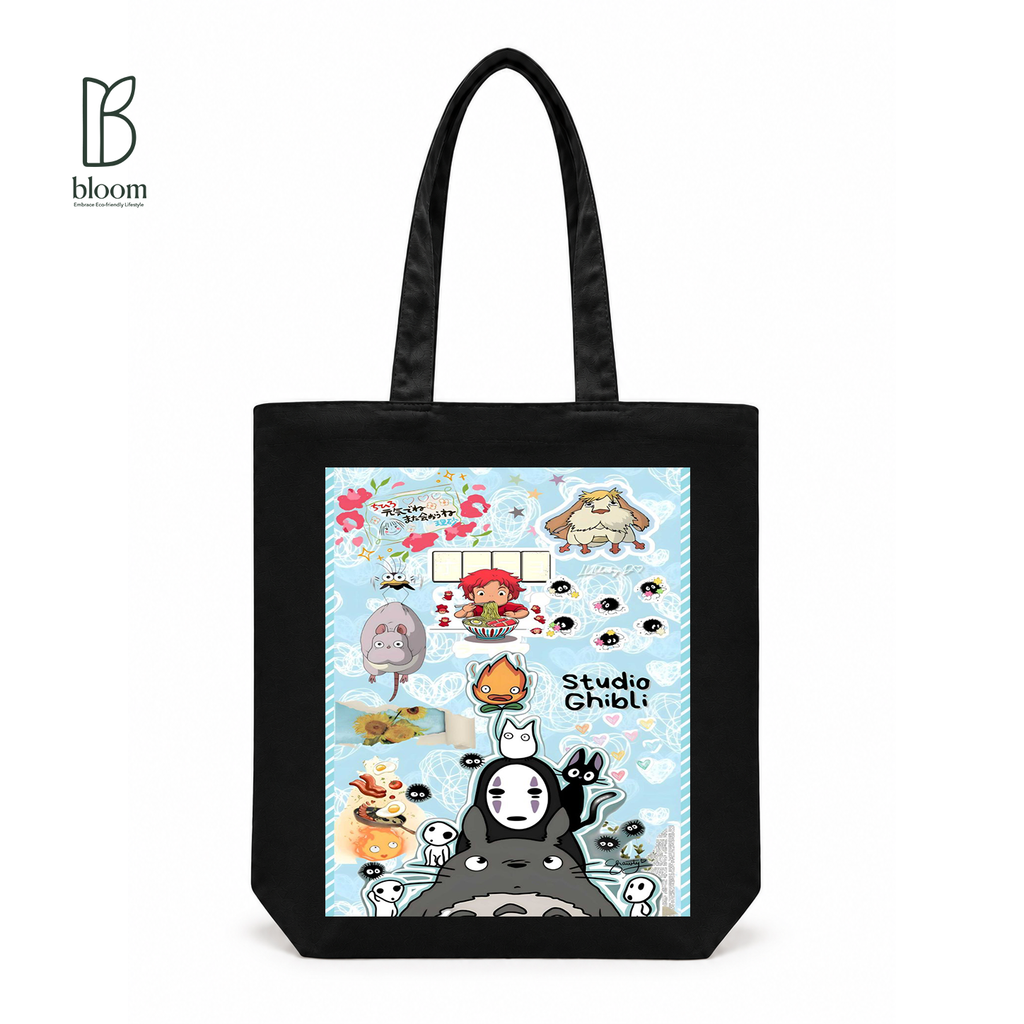 Ghibli Sketchbook canvas tote bag - Regular Black | Bloom Bags BD