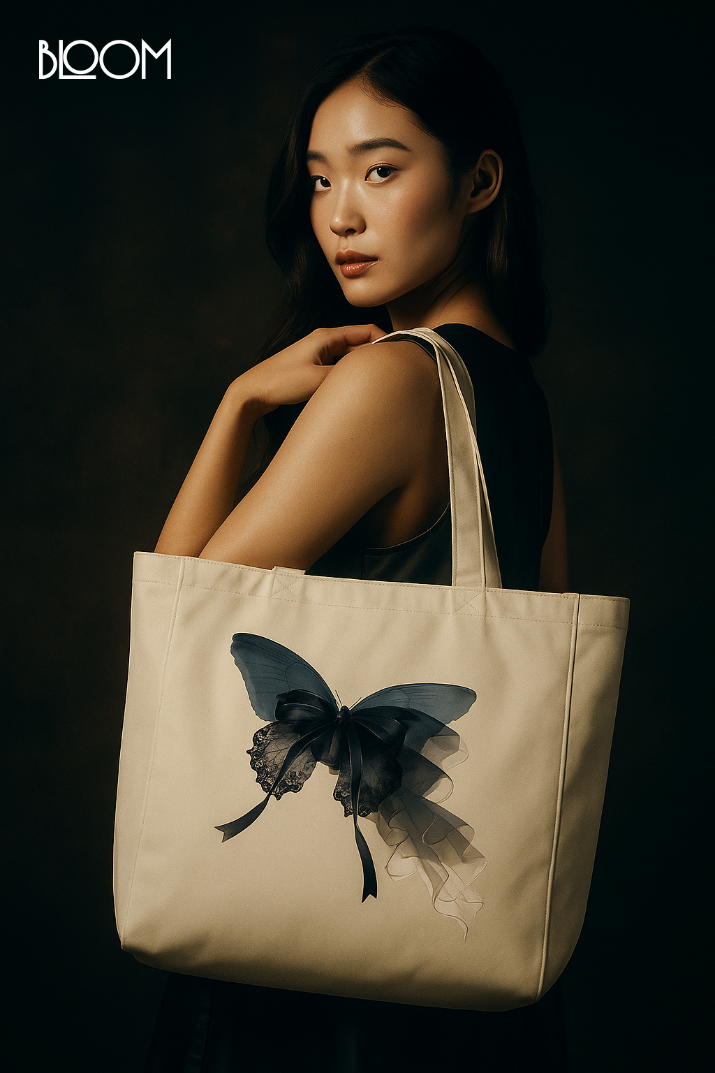 Gothic Bow Butterfly canvas tote bag - styled photo | Bloom Bags BD