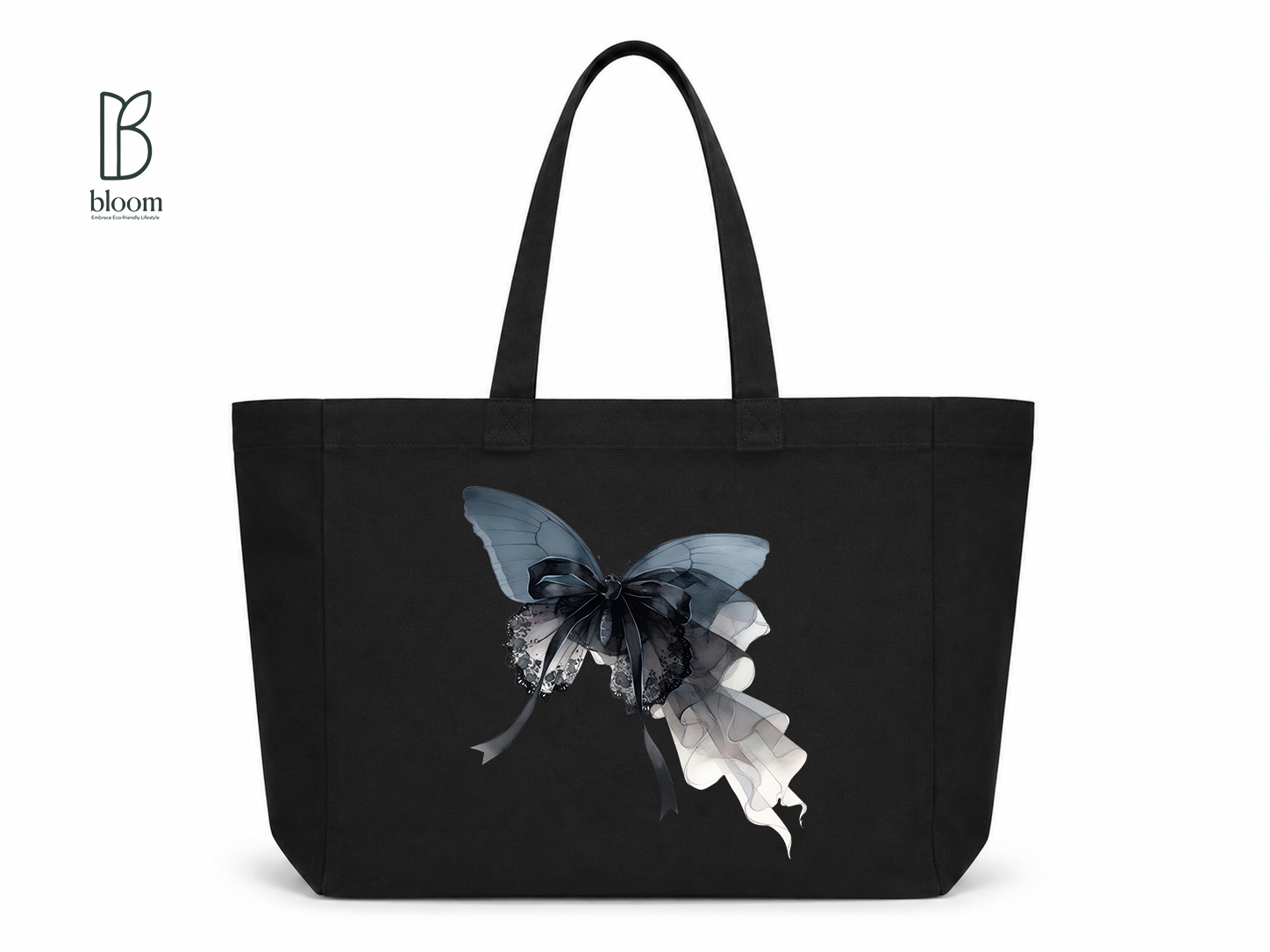 Gothic Bow Butterfly canvas tote bag - Extended Black | Bloom Bags BD