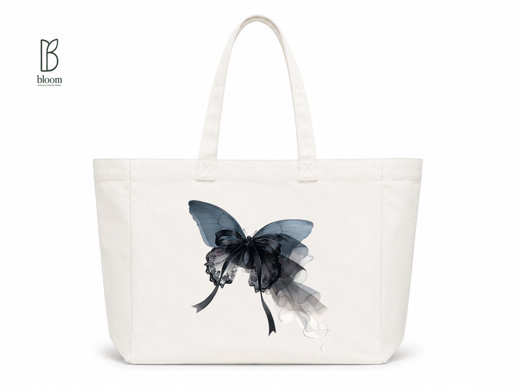 Gothic Bow Butterfly canvas tote bag - Extended White | Bloom Bags BD