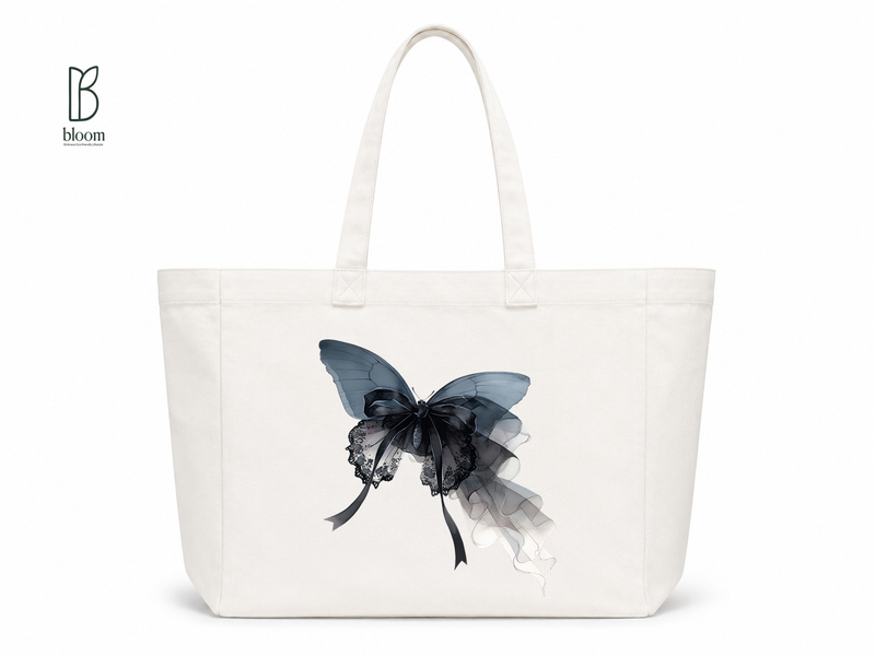 Gothic Bow Butterfly canvas tote bag - Extended White | Bloom Bags BD