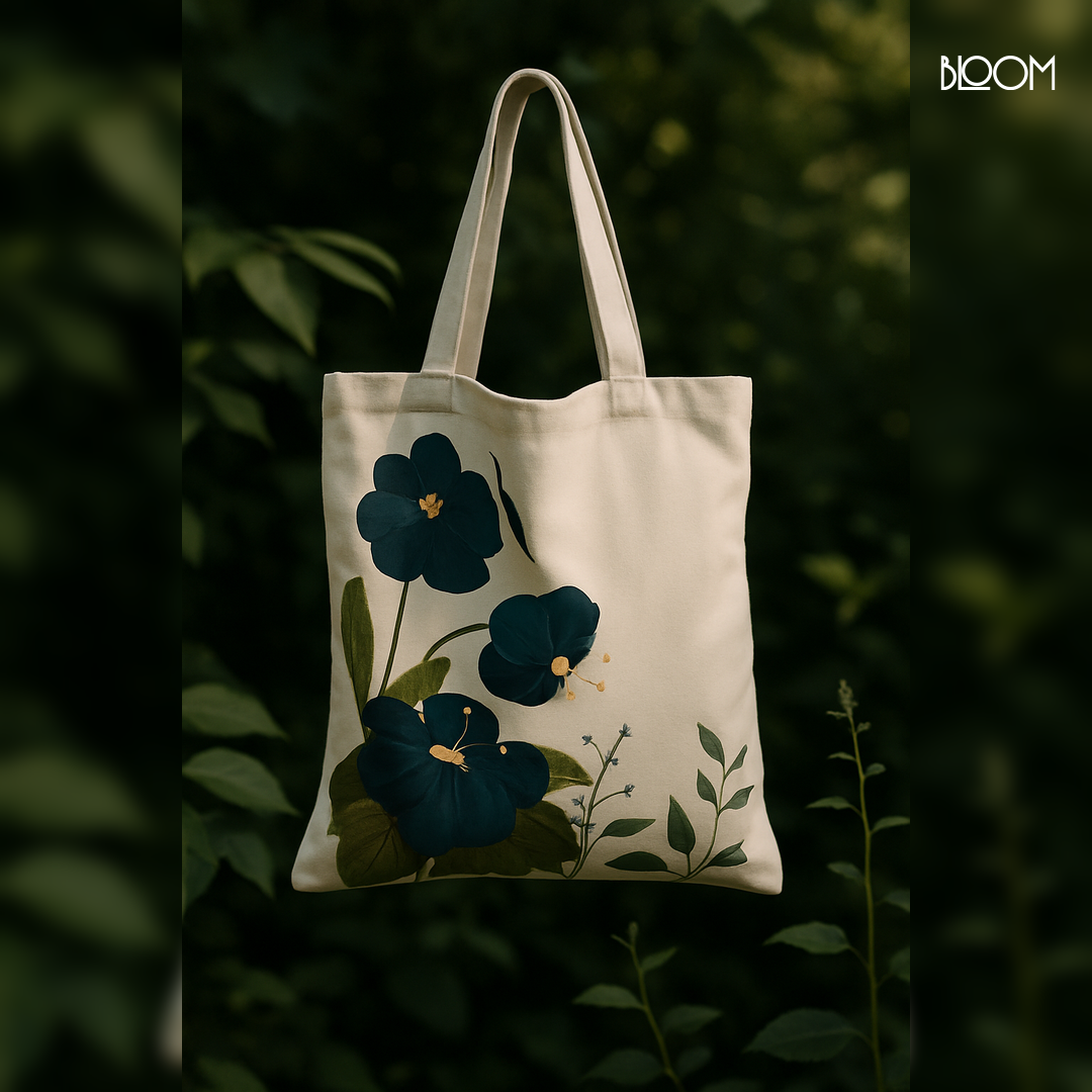 Indigo Hibiscus canvas tote bag - styled photo (unconfirmed match) | Bloom Bags BD