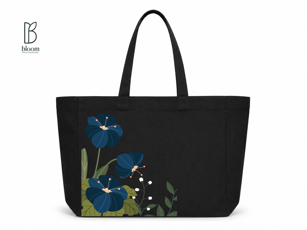 Indigo Hibiscus canvas tote bag - Extended Black | Bloom Bags BD