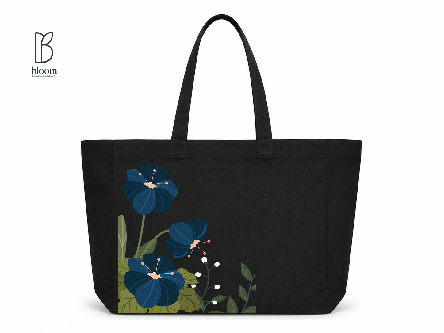 Indigo Hibiscus canvas tote bag - Extended Black | Bloom Bags BD