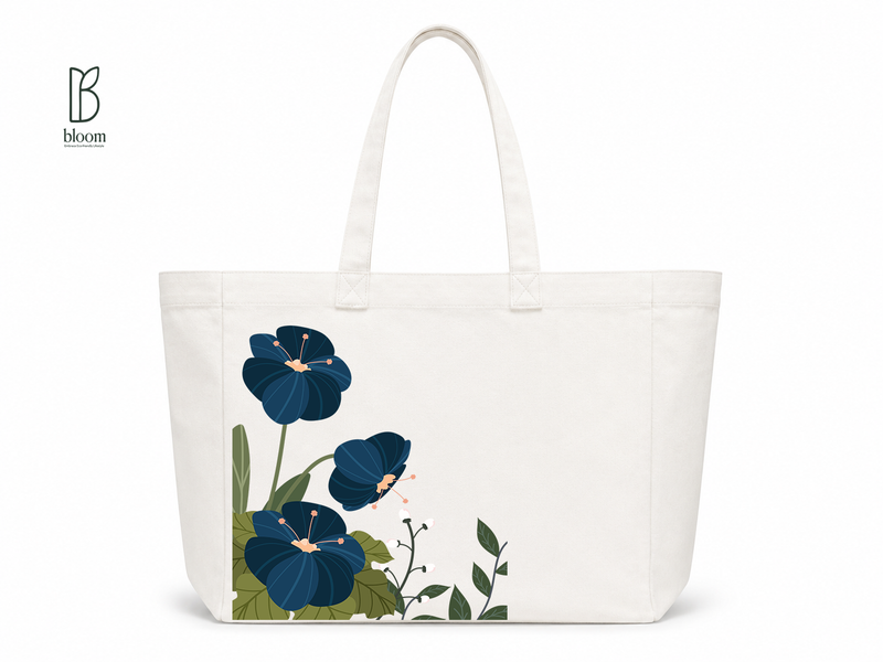 Indigo Hibiscus canvas tote bag - Extended White | Bloom Bags BD