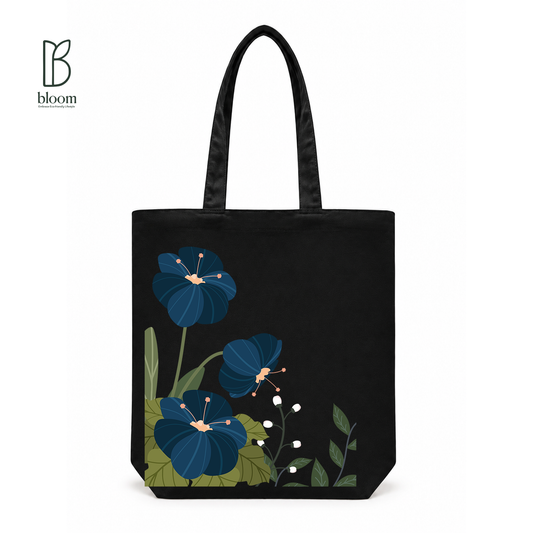 Indigo Hibiscus canvas tote bag - Regular Black | Bloom Bags BD