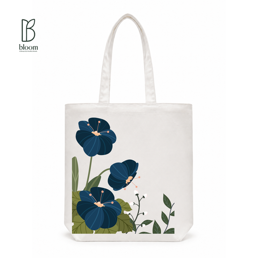 Indigo Hibiscus canvas tote bag - Regular White | Bloom Bags BD