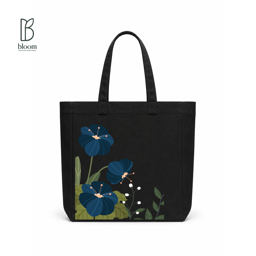 Indigo Hibiscus canvas tote bag - Square Black | Bloom Bags BD