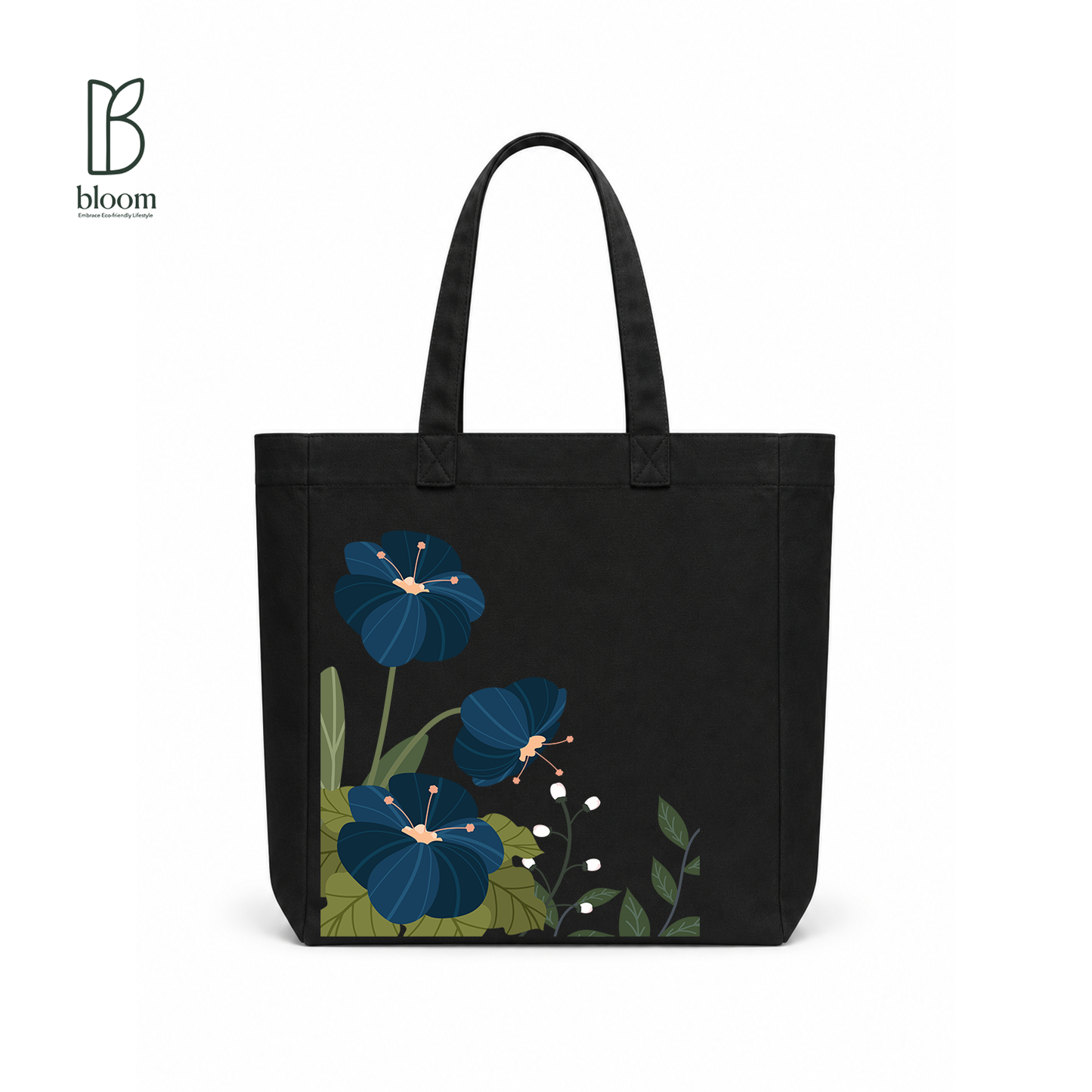 Indigo Hibiscus canvas tote bag - Square Black | Bloom Bags BD