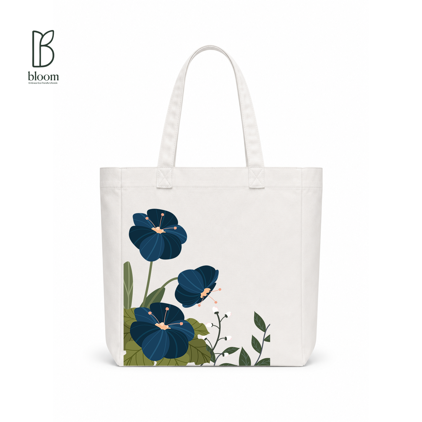 Indigo Hibiscus canvas tote bag - Square White | Bloom Bags BD