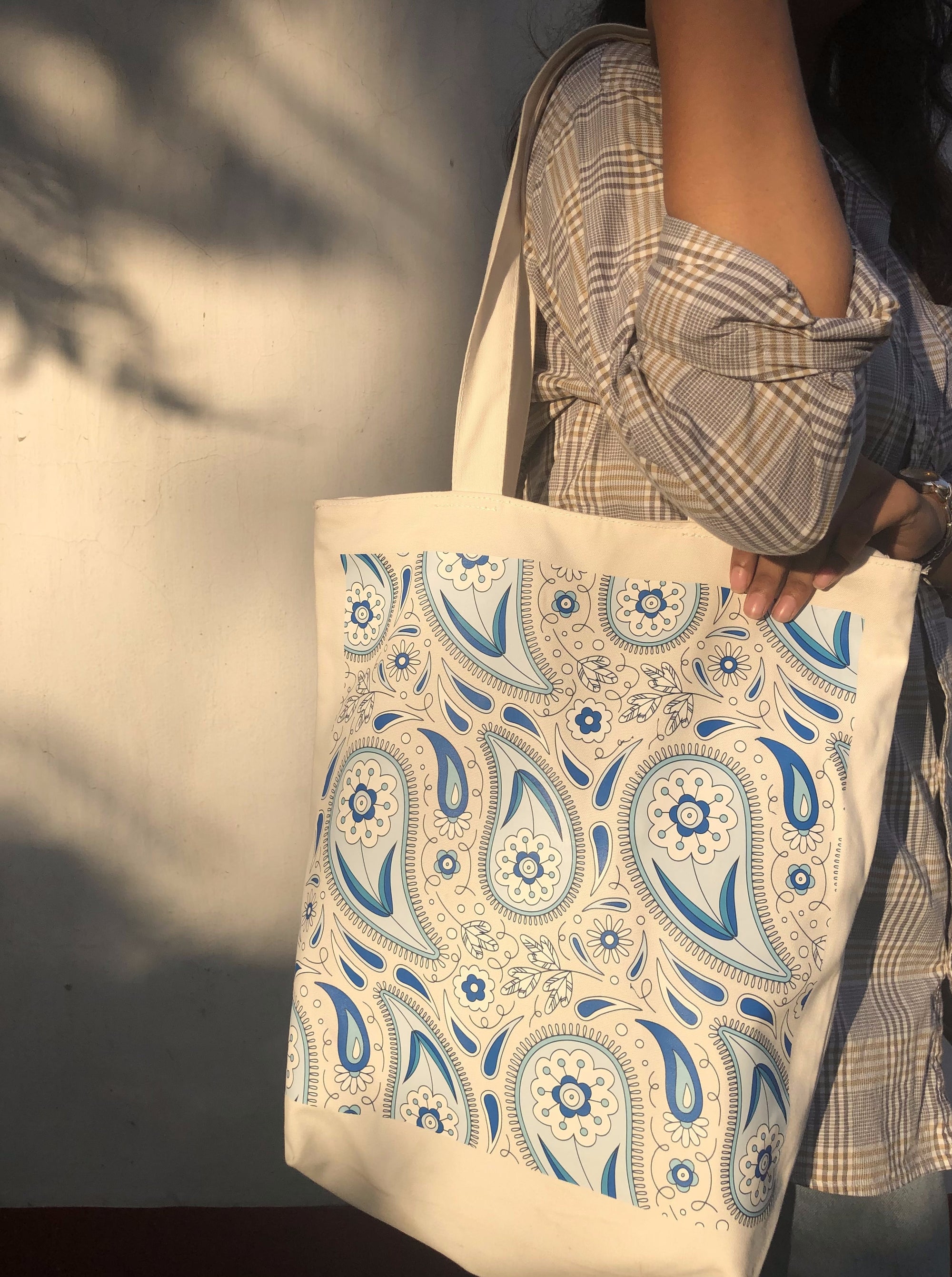 Indigo Paisley canvas tote bag - lifestyle photo | Bloom Bags BD